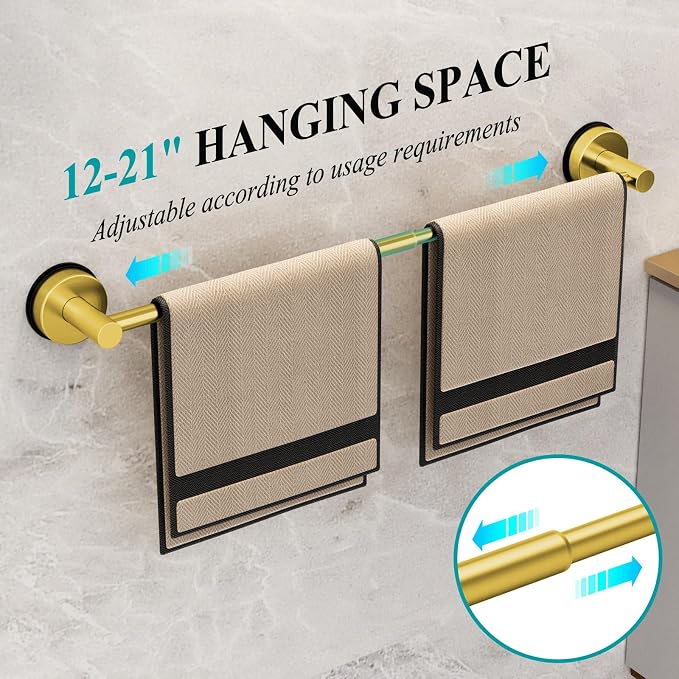 Towel Bar for Bathroom Wall,Adjustable 12~21 Inch Towel Racks for Bathroom Wall Mounted, Towel Holder for Glass Shower Door,Bathroom Accessories,Apparment Essentials,Home Decor-Gold
