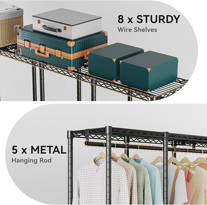 Higeego H5 Heavy Duty Clothes Rack, Black Clothing Rack for Hanging Clothes | 93.3"Wx15.7"Dx75.4"H, Large Garment Rack, Freestanding, Wardrobe Closet with Adjustable Shelf, Load 1400 lbs