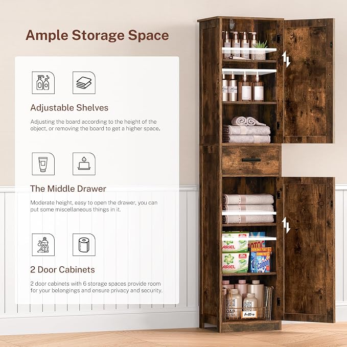TEENFON Tall Bathroom Cabinet, Storage Cabinet with 6 Shelves & Drawer, Bathroom Storage Cabinet with Adjustable Shelves, Tall Cabinet for Living Room, Home Office, Brown