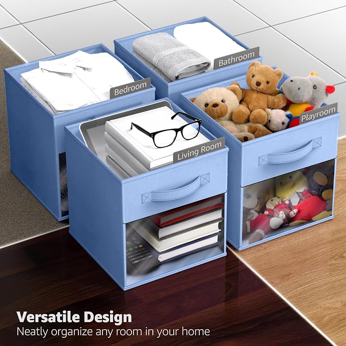 Sorbus 13 Inch Storage Bins with Clear Window - 6 Foldable Baskets for Organizing Clothes, Toys, Books - Sturdy Collapsible Fabric Storage Cubes with Handle - Storage Baskets for Shelves, Closets