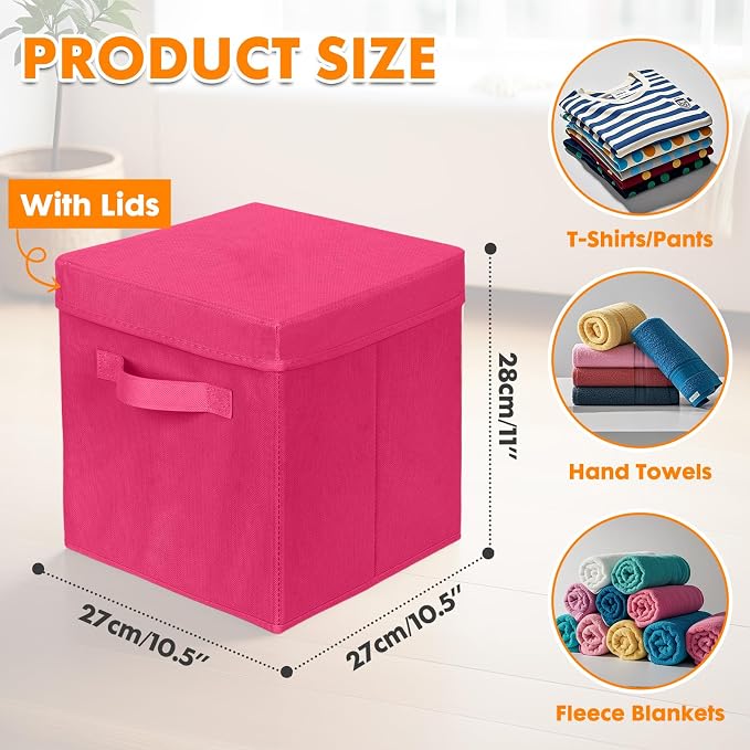 ShellKingdom Storage Bins, Foldable Fabric Storage Cube with Lid for Closet | Clothes Storage Organizer Drawer For Closet Toys Storage, 10.5 X 10.5 X 11 INCH, 2 Pack (Fuchsia)