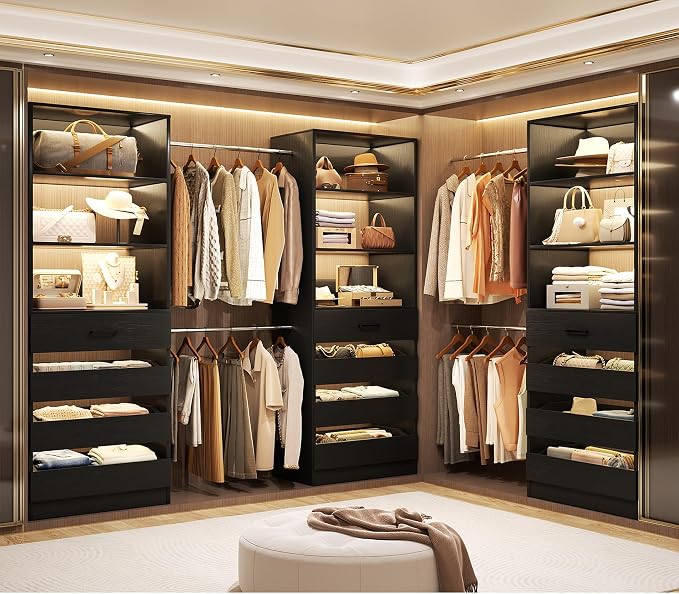 Aheaplus Closet System with 12 Drawers, 8.5-11.5Ft Wood Closet Organizer System with 4 Hanging Rods & 3 Towers, 4Ft & 6Ft L-Shaped Walk-in Closets Wardrobe Organizer Clothes Rack, Set of 3, Black1