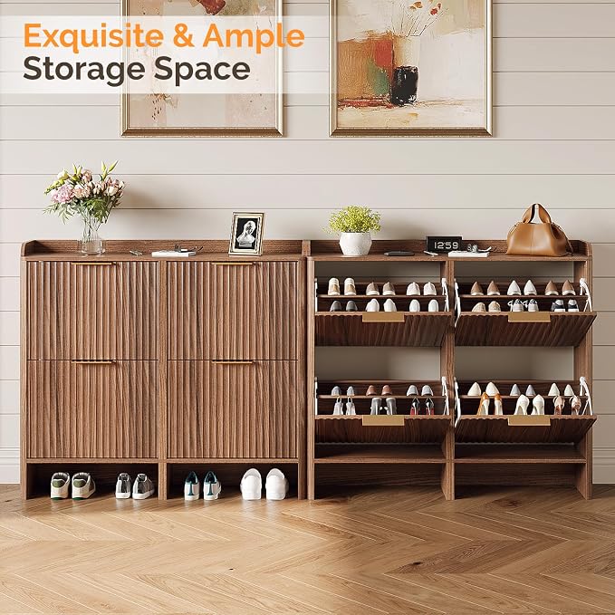 VINGLI 43.5" Large Shoe Storage Cabinet with 4 Fluted Flip Drawers, Slim Entryway Shoe Organizer with Curved Side Panels, Walnut Wood Shoe Rack for Hallway, High Capacity Hidden Shoe Shelf for Boots