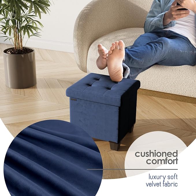 Storage Ottoman Cube with Small Bin, 15-in Square Ottoman with Storage for Living Room and Bedroom, Small Ottomans Foot Rest, Velvet Foot Stools Ottomans Max 330lbs, Blue
