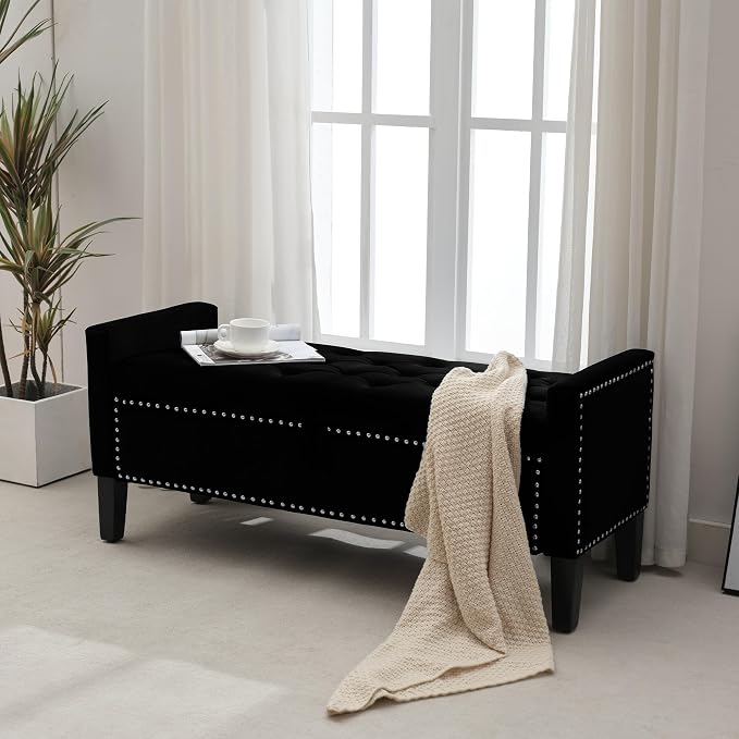 Velvet Storage Ottoman Bench, 46'' Upholstered Button Tufted End of Bed Bench, Modern Entryway Ottoman with Arms, Black