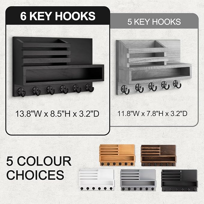 Key and Mail Holder Wall Mount, Key Hanger with Long Storage Box and Key Hooks for Coat, Dog Leash, Home Decor Rack, House Accessories, Entry Way Organizer