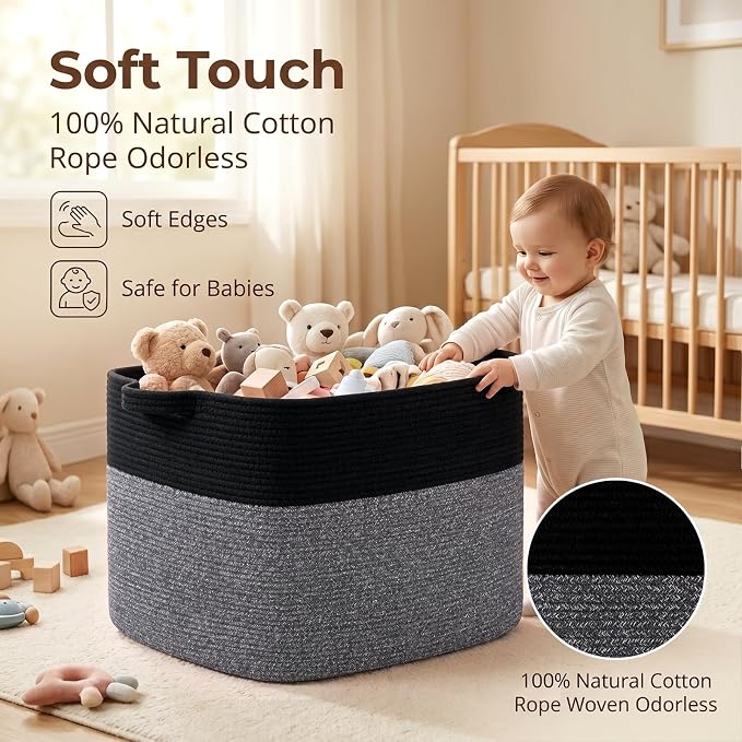 OIASKET 108L Cotton Rope Storage Basket for Living Room and Bedroom 25"x16"x16" Woven Laundry Basket, Heavy Duty Bin for Blankets, Pillows & Toys, Pet-Safe & Scratch-Free, Black