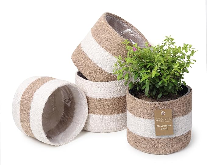 Jute Small Plant Pots Set of 4, 6.5 inches- White & Natural Jute | Jute Planter Basket-Woven Rope Covers for Decorating Indoor/Outdoor Succulents Multi-Purpose Storage Bins Modern Style Decor