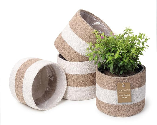 Jute Small Plant Pots Set of 4, 6.5 inches- White & Natural Jute | Jute Planter Basket-Woven Rope Covers for Decorating Indoor/Outdoor Succulents Multi-Purpose Storage Bins Modern Style Decor