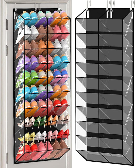 20-30 Pairs Over the Door Shoe Organizer, Transparent PVC Hanging Shoe Rack for Closet, 10-Tier Door Shoes Storage, Crystal-Clear Visibility Fit All the Family's Sneakers, Boots, Heels, Black Frame