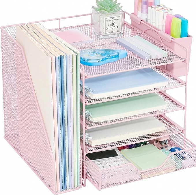 Desk Organizers and Accessories, 5-Tier Paper Letter Tray Organizer with File Holder, Drawer & Pen Holder, Office Desk Accessories, Desktop Organizer for Classroom Office Supplies, Pink