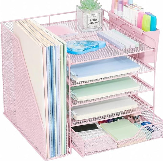 Desk Organizers and Accessories, 5-Tier Paper Letter Tray Organizer with File Holder, Drawer & Pen Holder, Office Desk Accessories, Desktop Organizer for Classroom Office Supplies, Pink