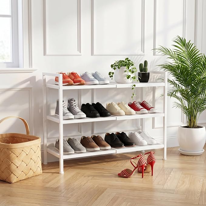 Shoe Rack, Expandable Shoe Rack for Closet, Adjustable Shoe Organizer for Entryway, Shoe Storage Organizer for Door Entrance, Garage, Bedroom (White, 3-Tier)