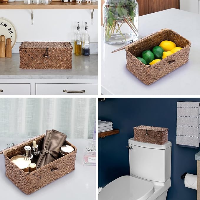 Hipiwe Wicker Shelf Baskets Bin with Lid, Handwoven Seagrass Storage Boxes | Rectangular Household Basket Boxes for Shelf Wardrobe Home Organizer, Coffee X-Small