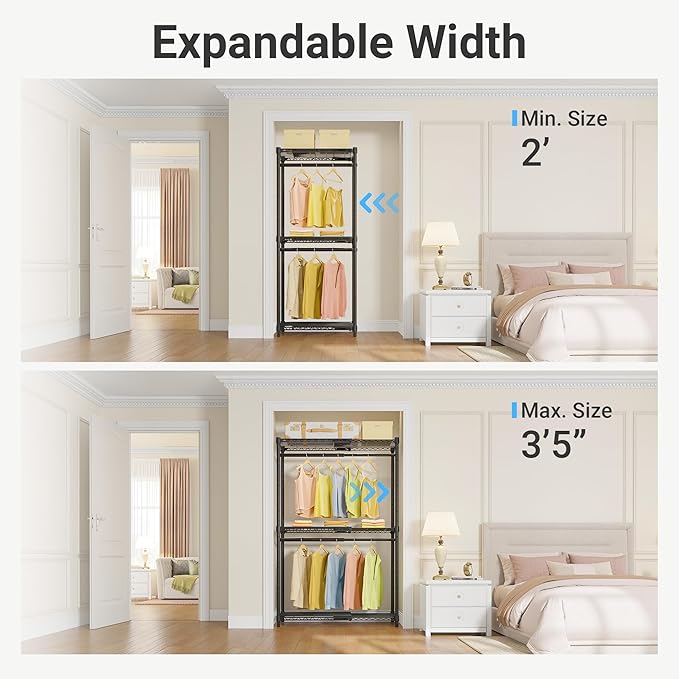 VIPEK X1 Expandable Clothes Rack Heavy Duty Adjustable Closet System Black | Adjustable Shelves and Hanger Rods from 2' to 3'5", Reach-in & Walk-in Closets Metal Garment Rack Portable Closet Organizer