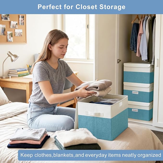 Bagnizer Large 22 Quart Linen Fabric Foldable Storage Bin Cube Organizer Basket with Flip-Top Lid & Handles, Clothes Blanket Box for Home, Office, Closet, Teal & White, 4 Pack 14.6 x 9.5 x 9.5