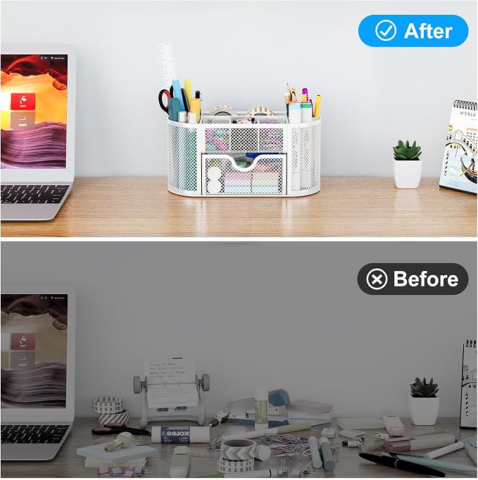 EasyPAG Mesh Pen Holder Desk Organizer with Drawer Stationery Supplies Organizer for Dorm School 9 Compartments Workspace Desk Accessories Organization for Office, White