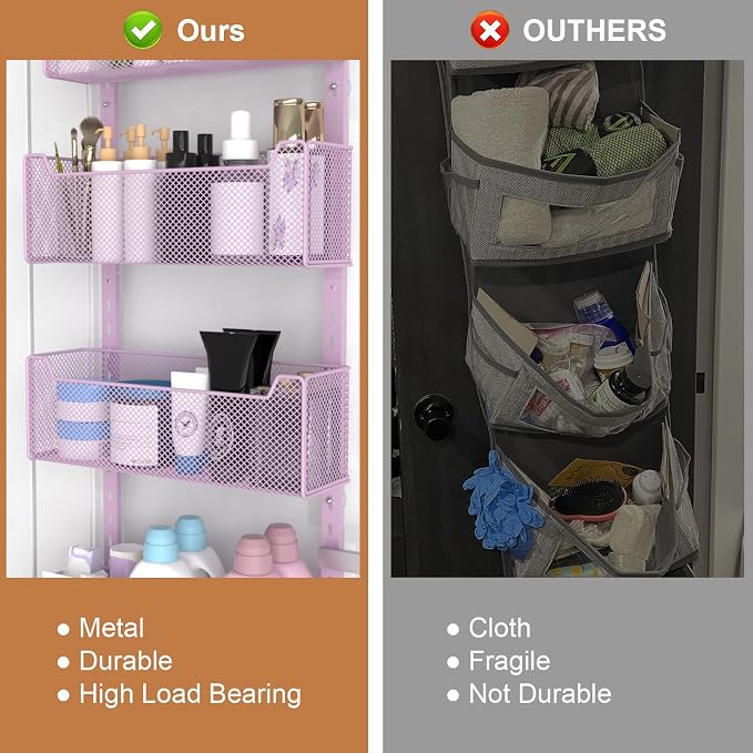 VyGrow Over The Door Organizer, Metal Door Organizer Hanging with 5 Adjustable Baskets and Coat Hook, Behind The Door Storage for Bedroom Closet Bathroom Pantry Cabinet Kitchen, Purple