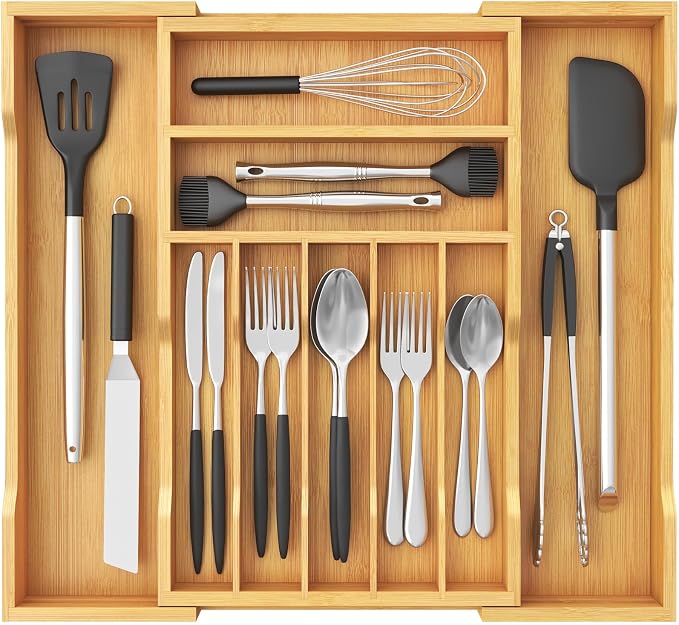 Lifewit Silverware Drawer Organizer, Wooden Utensil Tray for Kitchen | Expandable Flatware and Cutlery Holder, Adjustable Storage for Spoons Forks Knives, 12-21 x 17", Natural