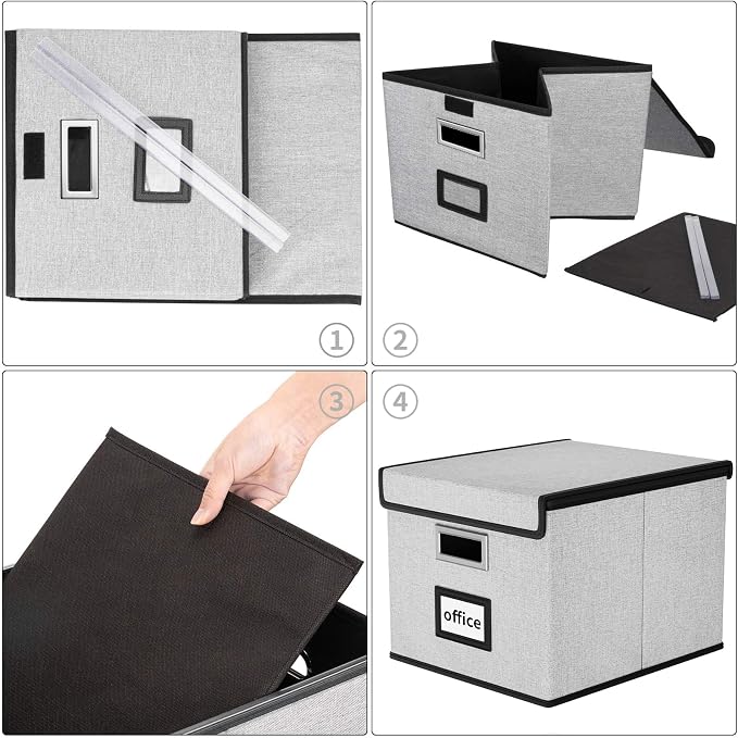 File Organizer Box with Lids, Collapsible File Folder Organizer | File Box with Plastic Slides for Office Document Storage, Filing Bin for Letter Size Hanging File Folders (1 Pack, Gray)