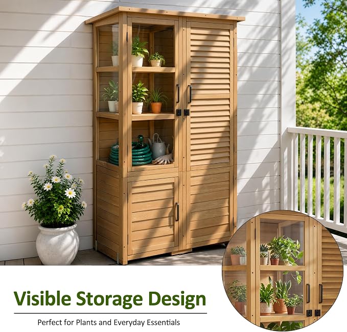 Macrout 30 Cu.Ft Outdoor Storage Cabinet with 4 Shelves for Garden, Outside Vertical Storage Wood Tool Shed with Waterproof Roof, Lockable Door for Yard and Patio Lawn W981D