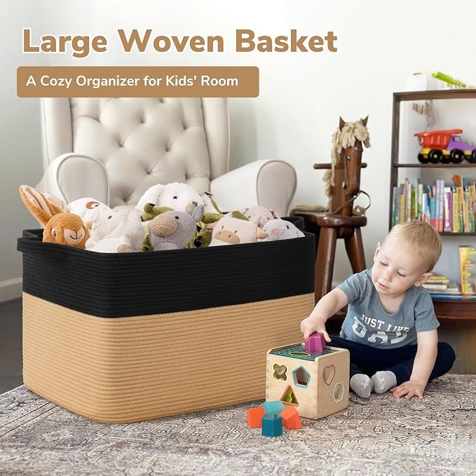 Goodpick Large Wicker Blanket Basket, Cotton Rope Storage, Black & Camel | 85L, 23.6 x 15.7 x 13.8 in, Home Organization & Decor, Blankets, Pillows, Toys & Clothes Storage for Living Room and Bedroom