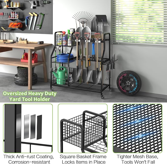 keomaisyto Garden Tool Holder Organizer with Heavy Duty Wheels for Garage | Large Yard Tool Organizer with 2 Baskets, Utility Garden Tool Rack for/Shed/Garage/Yard/Basement/Lawn