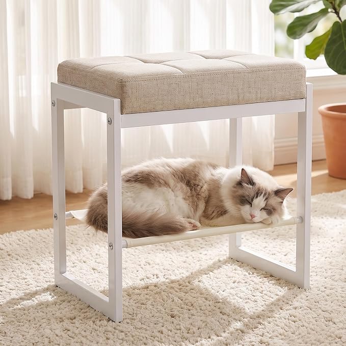 Vanity Stool, Vanity Chair Stools with a Lower Storage Shelf, Square Linen Upholstered Ottoman Bench for Bedroom, Living Room, Small Modern Metal Legs Makeup Chairs, Linen Beige&White