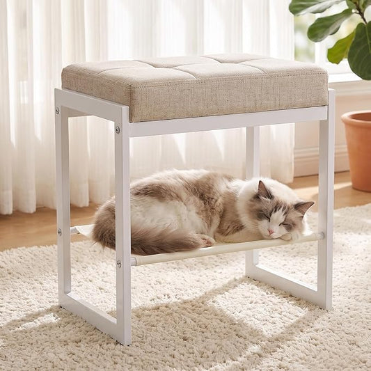 Vanity Stool, Vanity Chair Stools with a Lower Storage Shelf, Square Linen Upholstered Ottoman Bench for Bedroom, Living Room, Small Modern Metal Legs Makeup Chairs, Linen Beige&White