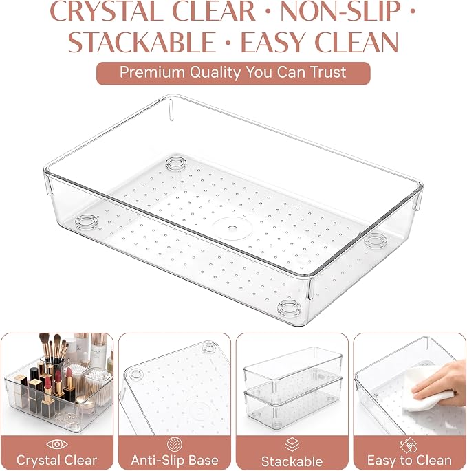 Zanora 25 PCS Clear Plastic Drawer Organizer Set, Drawer Dividers Organizers with 4 Sizes Storage Trays, Bathroom Drawer Organizers Makeup, Vanity Drawer Organizer, Desk & Kitchen Storage Bins