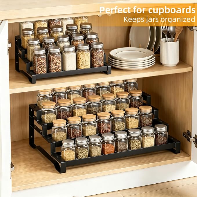 Spice Rack Organizer for Cabinet, 13-21.5" Expandable Spicy Shelf | 11.6" Wide 4-Tier Black Metal Seasoning Organizer, Kitchen Spice Organization, Slip-Resistant Guardrails for Jars and Cans