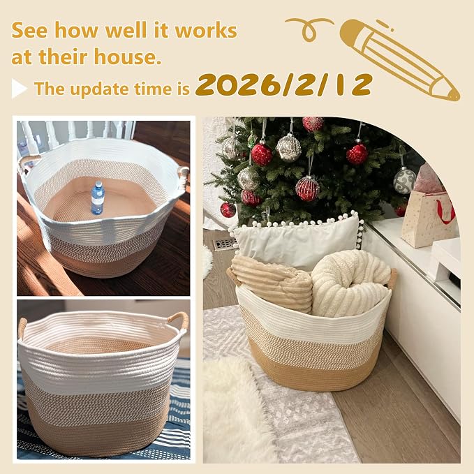 Artfeel 40L Large Cotton Rope Basket, Decorative Woven Blanket Storage for Living Room, Boho Toy Storage & Toy Box for Kids, Versatile Laundry Basket & Nursery Hamper for Blankets(Brownyellow)
