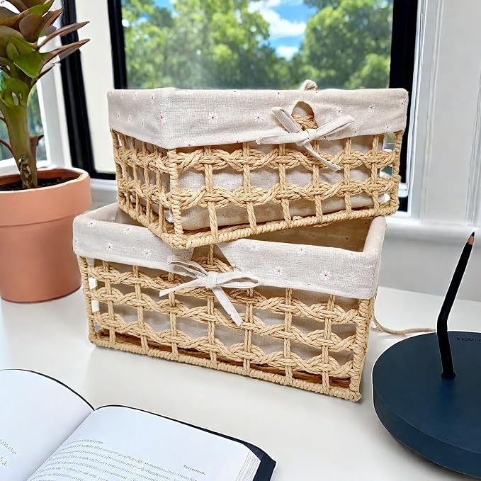 GIB Small Wicker Woven Storage Baskets for Organizng with Liners, Set of 3 | Braided Paper Rope, Decorative Cute Baskets for Gifts, Storage Bins for Shelves, Pantry, Bathroom Organizers, Bedroom Decor