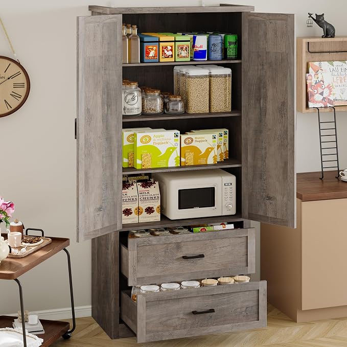 BORNOON Pantry Organizers and Storage Cabinet, 71” Barn Door White Kitchen Cabinet with Drawers and Adjustable Shelf, Tall Pantry for Kitchen, Dining Room, Living Room. Bathroom and Office