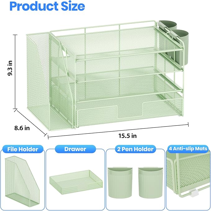 OPNICE Desk Organizer, 4-Tier Desktop File Organizer with Drawer and Pen Holders, Office Desk Accessories, File Sorters, Workspace Organizers for Office Supplies(Green)