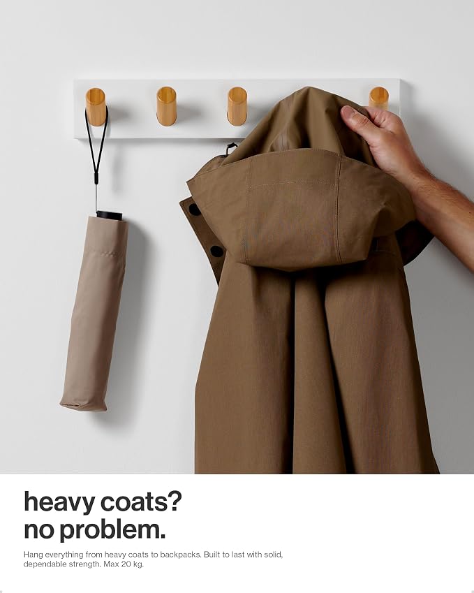 LARHN Wall Mounted Coat Rack, White with 5 Heavy-Duty 1" Diameter Hooks | (2-Pack), 16.5" - Wall Hook Rack - Modern Scandinavian Home Decor
