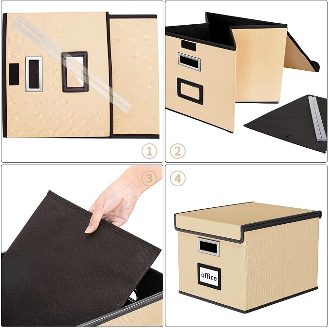 File Organizer Box with Lids, Collapsible File Folder Organizer | File Box with Plastic Slides for Office Document Storage, Filing Bin for Letter Size Hanging File Folders (2 Pack, Brown)