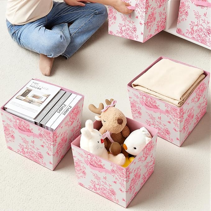 6 Pcs Pink Floral Cube Storage Bins 12.5 Inch Pink Flower Storage Basket with Handle, Preppy Girls Organizer Basket, Collapsible Fabric Box for Classroom Bedrooms Office Home Decoration (Flower)
