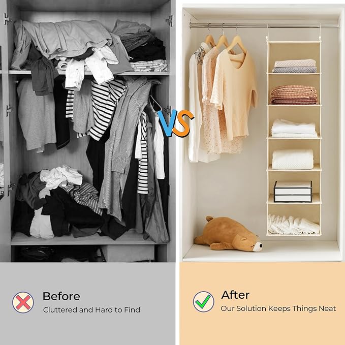 MAX Houser 6 Tier Shelf Hanging Closet Organizer, Cloth Hanging Shelf with 2 Sturdy Hooks for Storage, Foldable (Beige)
