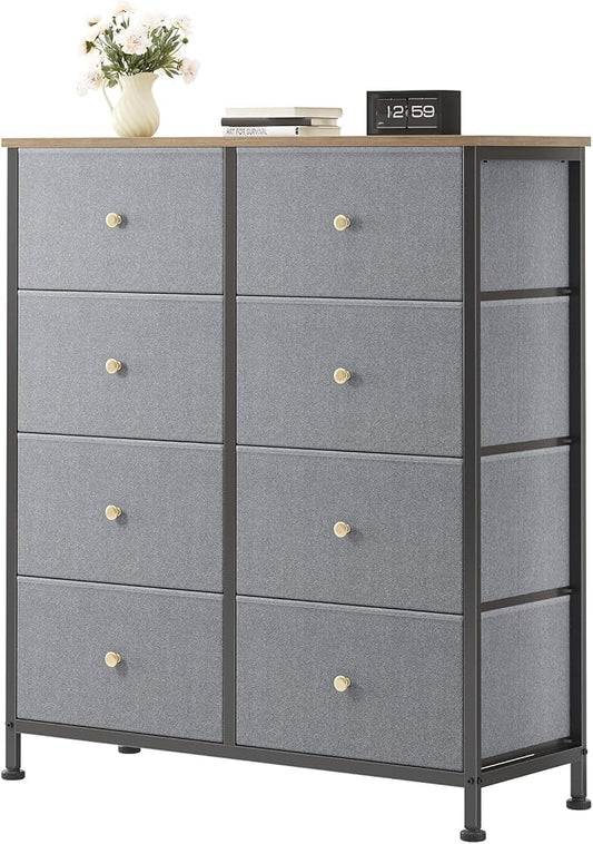 OLIXIS 8 Drawer Storage Dresser for Bedroom, Closet Organizers Units | Fabric Dresser with Wooden Top, Chest of Drawers Clothes Storage, Tower Cabinet, TV Stand Furniture, Gray Blue