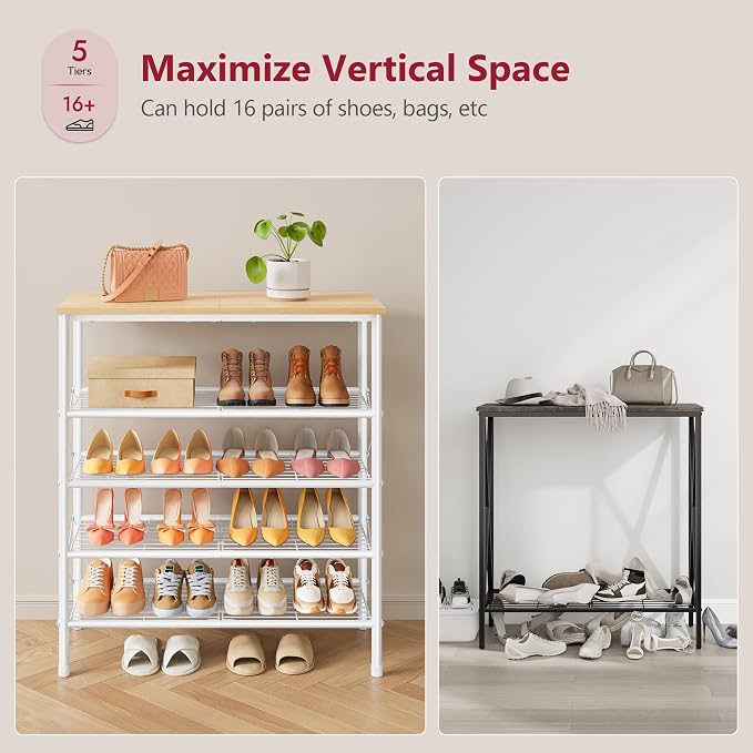 5 Tier Shoe Rack Organizer for 16-20 Pairs of Shoes, White & Log | Sturdy & Durable, X Shape Fixed Frame, Metal Mesh Shoe Shelf, Industrial, For Closet, For Entryway Shoe Storage