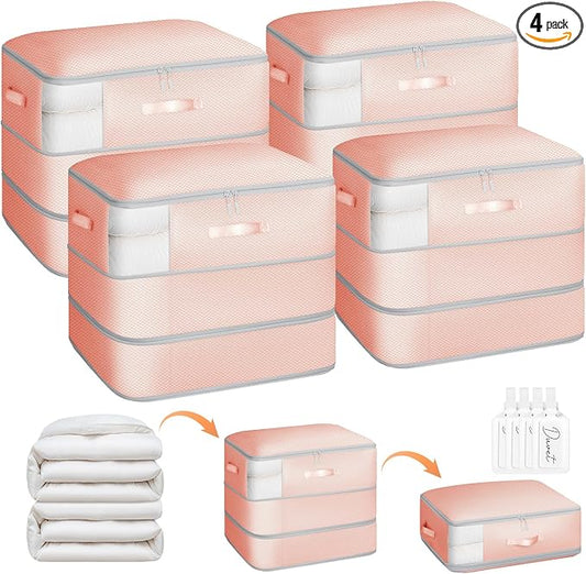 Homsorout 4 Pack Compression Storage Bags - 110L Large Capacity Comforter Storage Bag, 3-Layer Washable Ultra Space Saving Self Compression Organizer Space Bags for Blankets, Sweaters, Sheets, Pink