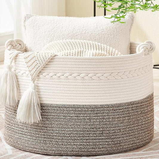 KAKAMAY Large Blanket Basket (20"x13"),Woven Baskets for storage Baby Laundry Hamper, Cotton Rope Blanket Basket for Living Room, Laundry, Nursery, Pillows, Baby Toy chest (White/Beige) | Extra Large Capacity | Natural Cotton Rope | Blanket Storage | W...
