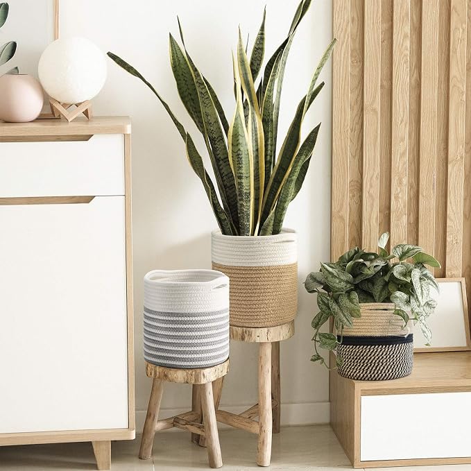 TIMEYARD Rope Plant Basket, Planter for Indoor Plants, Jute Mixed White | 8" x 8" Storage Organizer Basket Rustic Home Decor, Rope Planter, Woven Pot for Indoor Plants