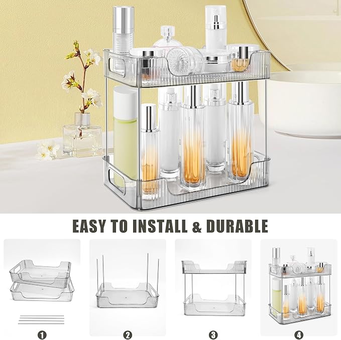 2-Tier Bathroom Counter Organizer Countertop Storage, Dresser Organizer Vanity Tray for Makeup, Perfume Organizer Cosmetics Skincare Shelf - Grey