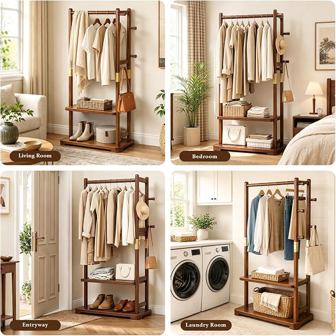 Taitiy Coat Rack Solid Wood Hall Tree Storage 2 Shelves 5 Hooks | Entryway hallway bedroom, durable solid wood construction, freestanding storage design, coats hats bags wallets