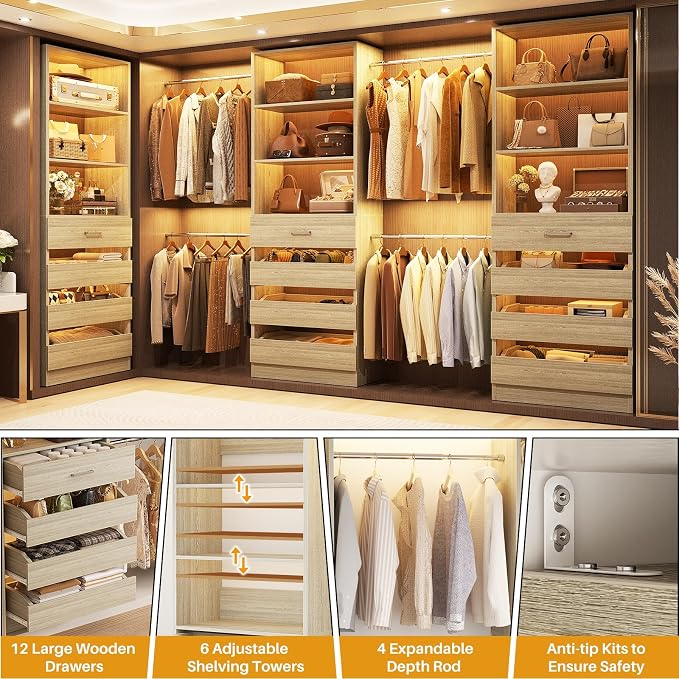 Aheaplus Closet System with 12 Drawers, 8.5-11.5Ft Wood Closet Organizer System with 4 Hang Rods & 3 Towers, 4Ft & 6Ft L-Shaped Walk-in Closets Wardrobe Organizer Clothes Rack, Set of 3, White Oak1