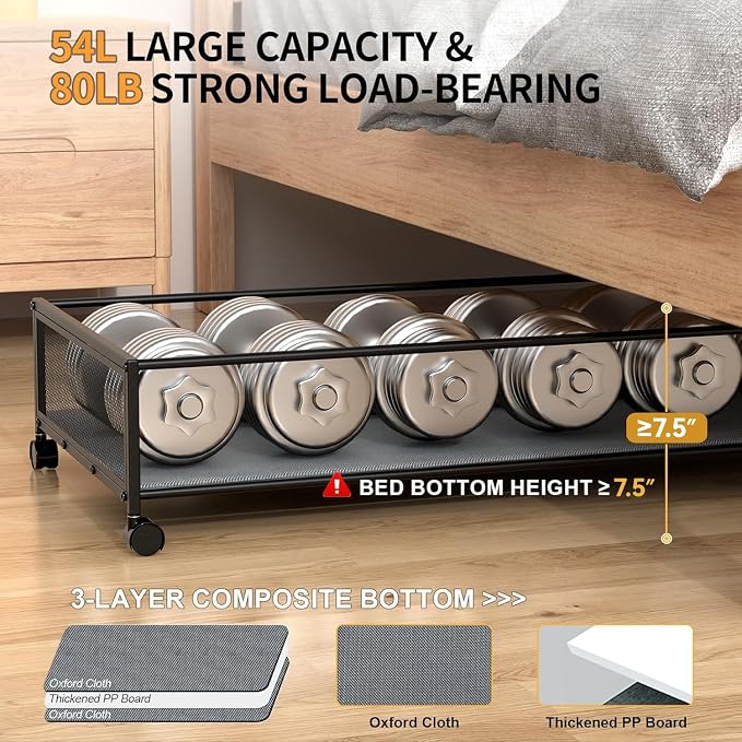 Under Bed Storage Containers with Wheels Large Underbed Shoes Blankets Clothes Toy Storage Drawers for College Dorms Bedrooms Nursery Rooms Organization (Grey 2 Pack, 7.5in height(36"x16.6"x7.48"))