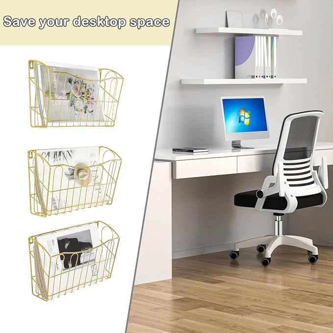 TQVAI Hanging Wall File Organizer 3 Pack, Gold Metal Wall Mounted File Holder, No Assembly Required, Curved Pocket Paper Document Rack for Office Home School Magazine Mail Storage