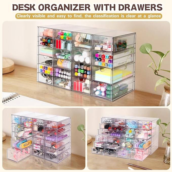 VZKAH Clear Acrylic Desk Organizer with 20 Drawers, 4 Modular Units | 4-piece clear drawer set for office supplies, crafts, makeup, and small daily items on desks, vanities, counters